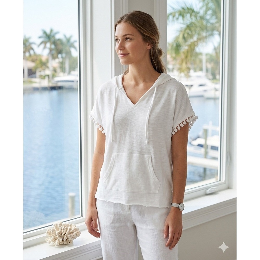 Vince Camuto Short Sleeve Hooded Top Small S  White Coastal Casual Boho Resort